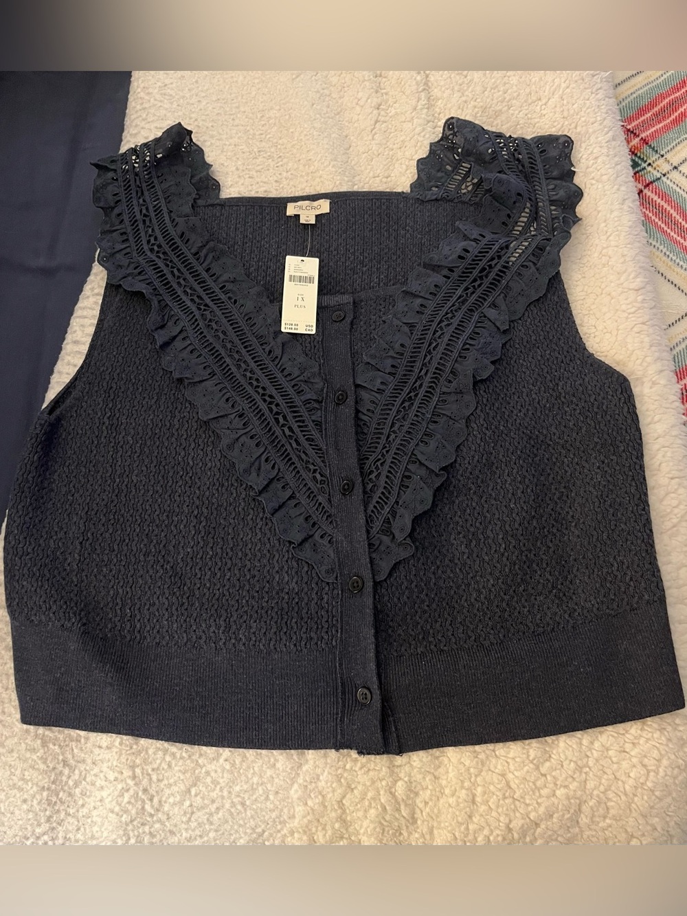 Anthropologie Pilcro Navy Blue Lace-Trim V-Neck Button Front Sweater Vest Size1X